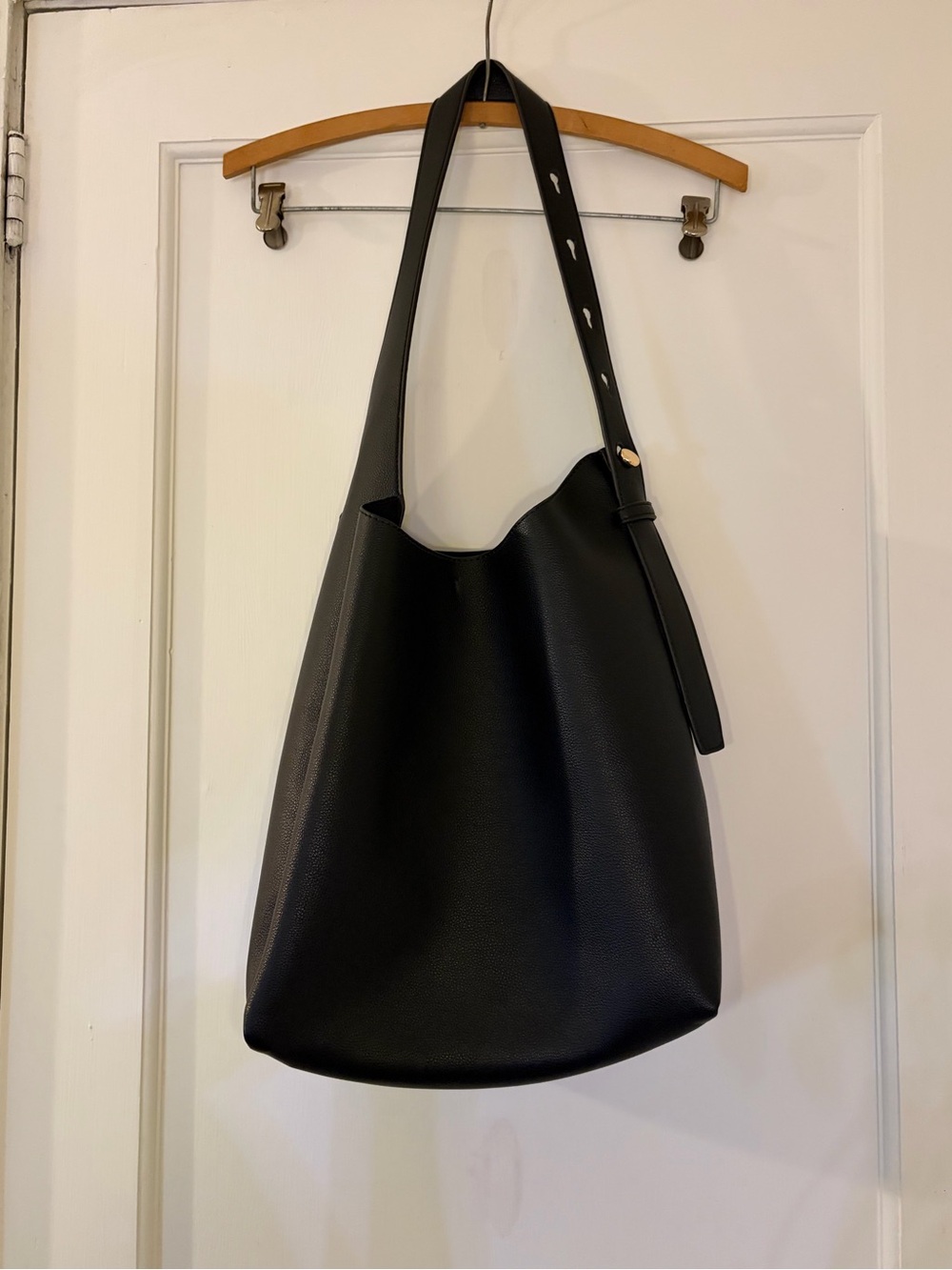 Classic Black Leather Tote Bag - Adjustable Strap